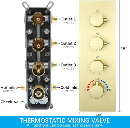 Brushed Gold Rain Shower System Thermostatic Bathroom Faucet Set 16X32 Inch Ceiling Mount Shower Head Set Complete With Thermostatic Control Valve Use All In One