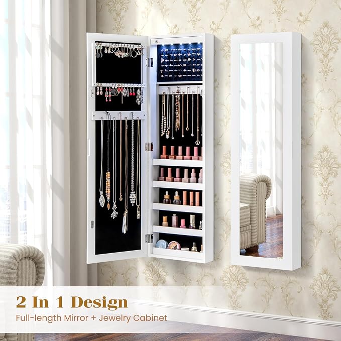 Giantex Wall or Door Mounted Jewelry Cabinet with Full Length Mirror, Over The Door Jewelry Armoire Organizer with Lights, Large Storage with Necklace Hooks, Earring Slots & Shelves (White)