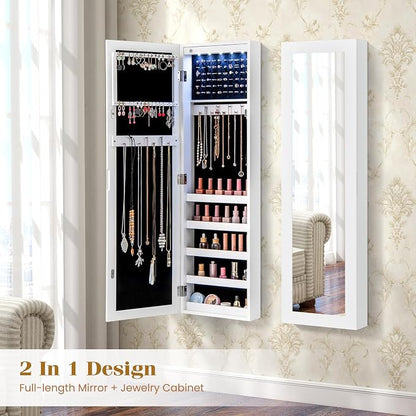 Giantex Wall or Door Mounted Jewelry Cabinet with Full Length Mirror, Over The Door Jewelry Armoire Organizer with Lights, Large Storage with Necklace Hooks, Earring Slots & Shelves (White)