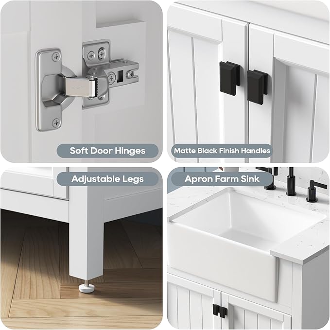 30 Inch Bathroom Vanity with Sink, Small Bathroom Vanity with Apron Farm Sink, Modern Bathroom Storage Cabinet with Soft-Closing Doors, Solid Wood Frame, Adjustable Feet, White