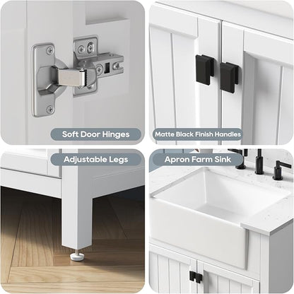 30 Inch Bathroom Vanity with Sink, Small Bathroom Vanity with Apron Farm Sink, Modern Bathroom Storage Cabinet with Soft-Closing Doors, Solid Wood Frame, Adjustable Feet, White