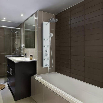 ROVOGO Tempered Glass Shower Panel System with Rainfall Shower, 6 Body Jets, Handheld Wand and Tub Spout, Shower Tower with Height Adjustable Shower Arm, White
