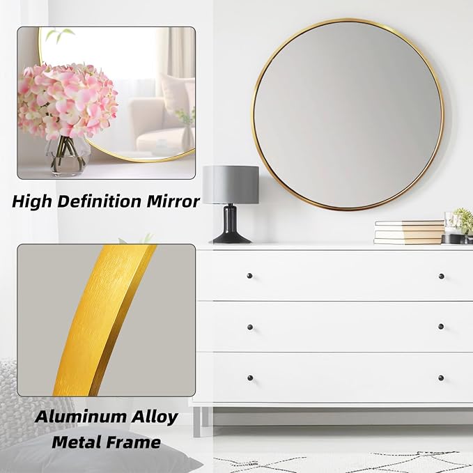 Round Gold Mirror 30 Inch, Brushed Gold Frame, Large Circle Mirror | Metal Frame, Circular Wall Mounted Mirrors for Bathroom, Living Room,Entryway,Bedroom,Hallway,Dining Room,High Definition