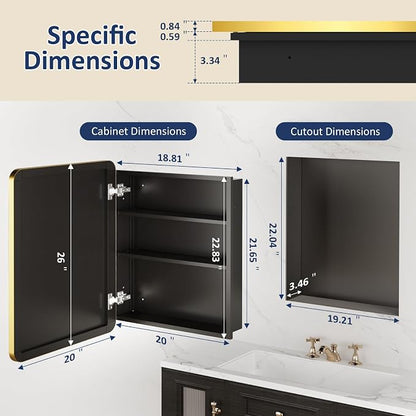 Medicine Cabinet Mirror 20x26 Inch, Gold Bathroom Mirror Cabinet with Stepless Adjustable Shelves, Stainless Steel Frame, Bathroom Mirror with Storage Recessed or Wall Mount