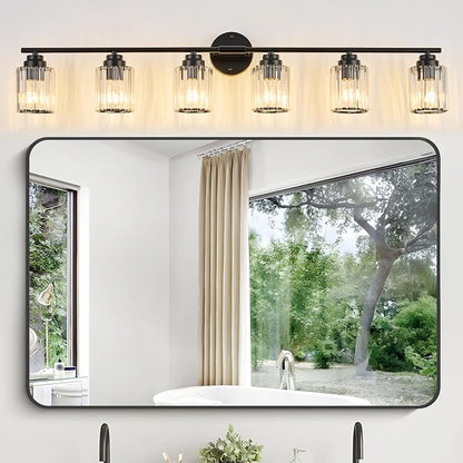 Modern 6-Light Black Vanity Light, 45.7" Crystal Bathroom Light Fixture, Vanity Lights with Clear Crystal Shades, E26 Base Wall Sconces Over Mirror for Bathroom Powder Room