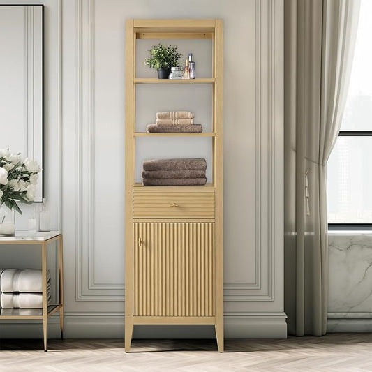 Vanity Art Vanity with Storage Cabinet & Shelves, Free-Standing Vanity with Soft-Closing Doors, Natural Oak, Golden Brushed Handware VA91-LC-NO-GB