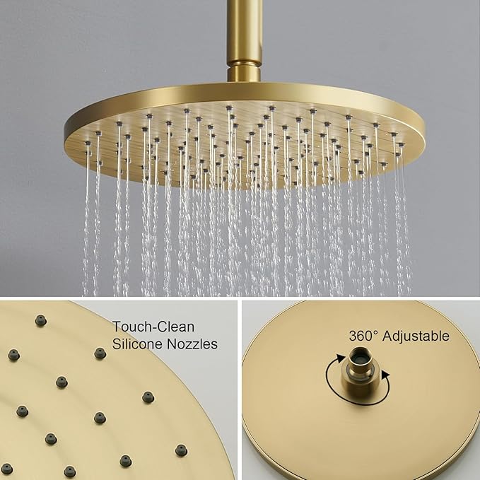Iriber Shower System Ceiling Mounted Shower Faucet Mixer Set with Luxury High Pressure Shower head and 3-Setting Handheld, Bathroom Shower Trim Kit Contain Pressure Balance Valve,Brushed Gold