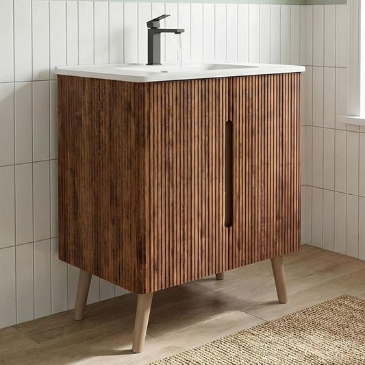 30" Modern Bathroom Vanity with Sink, Mid Century Modern Walnut Bathroom Cabinet with 2 Soft Close Doors, Large Storage with Shelf for Small Space, Apartment & Hotel Style