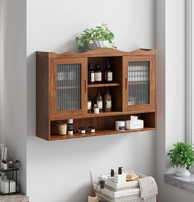 KEIKI 35.4" L Wall Mounted Kitchen Sideboard Cabinet with 2 Sliding Glass Door, 3 Layers Shelves, Retro Storage Buffet Medicine Cabinet for Bathroom, Dining Rooms, Entryway, Solid Wood, Walnut