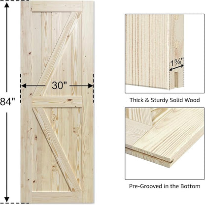 SmartStandard 30in x 84in Sliding Barn Wood Door Pre-Drilled Ready to Assemble, DIY Unfinished Solid Spruce Wood Panelled Slab, Interior Single Door Only, Natural, K-Frame (Fit 5FT Rail) | Pre-Drilled Ready to Assemble, DIY Unfinished Solid Spruce Wood...