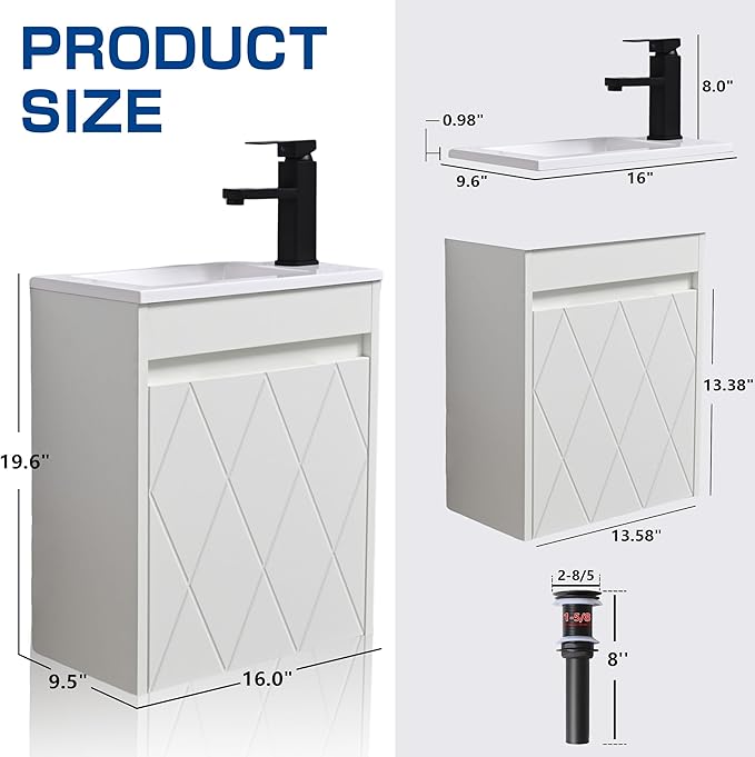 16" Bathroom Vanity Sink Combo for Small Space, Wall Mounted Bathroom Cabinet Set with White Resin Basin Sink Top Black Faucet Pop Up Drain White