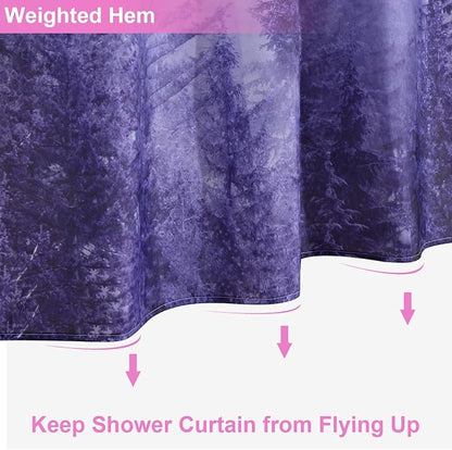 ORTIGIA Purple Misty Forest Shower Curtain for Bathroom, Nature Woodland Shower Curtain Set with Hooks, Decorative Pine Tree Fog Magic Bath Curtain for Home, Waterproof Fabric, Weighted, 72x72
