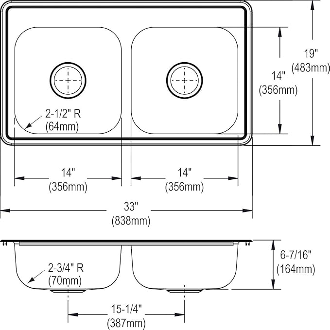 Elkay Dayton D233191 Equal Double Bowl Drop-in Stainless Steel Sink 33 x 19 x 6.4375"