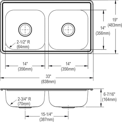 Elkay Dayton D233191 Equal Double Bowl Drop-in Stainless Steel Sink 33 x 19 x 6.4375"