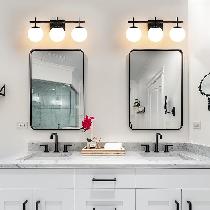 AIJIASI Black Bathroom Vanity Light, 3-Light Bathroom Lighting Fixtures Over Mirror with Milky White Globe Glass Shade, Mid Century Modern Vanity Lights Fixture Over Mirror 22.4 Inch