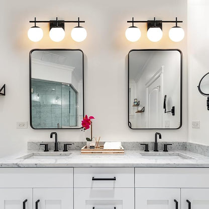 AIJIASI Black Bathroom Vanity Light, 3-Light Bathroom Lighting Fixtures Over Mirror with Milky White Globe Glass Shade, Mid Century Modern Vanity Lights Fixture Over Mirror 22.4 Inch