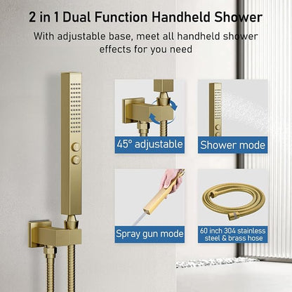 Shower System Shower Faucet Set, STARBATH 12"+6" Ceiling Mount Rain Shower Head and Handheld Spray for Two Person, Rainfall Shower System with Diverter Valve and Trim Kit Complete,Brushed Gold
