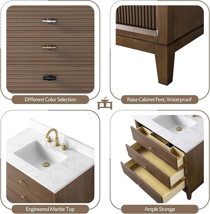 Vanity Art 36" Bathroom Vanity with Single Sink & Arabescato White Engineered Stone Top, Vanity Cabinet with Soft Closing Door, Solid Wood Frame, Golden Brushed Handles, Walnut VA8136-Walnut-GB