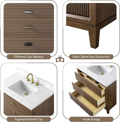 Vanity Art 36" Bathroom Vanity with Single Sink & Arabescato White Engineered Stone Top, Vanity Cabinet with Soft Closing Door, Solid Wood Frame, Golden Brushed Handles, Walnut VA8136-Walnut-GB