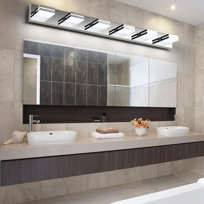 SineRise LED Modern Bathroom Vanity Light Fixtures, Modern Acrylic Bathroom Wall Lighting Fixtures Over Mirror, 6-Light, 48-Inch, Chrome, White
