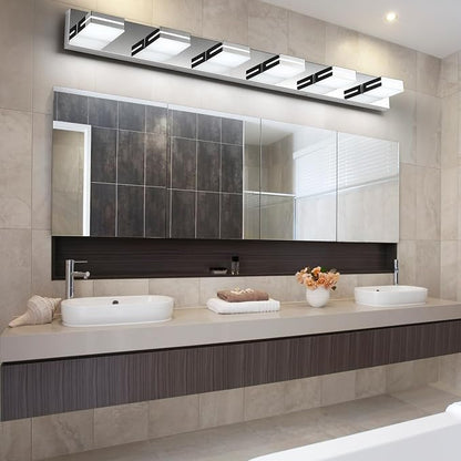 SineRise LED Modern Bathroom Vanity Light Fixtures, Modern Acrylic Bathroom Wall Lighting Fixtures Over Mirror, 6-Light, 48-Inch, Chrome, White
