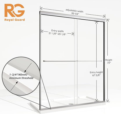 Royal Guard Double Sliding Shower Door,50-54" W x 70" H,Chrome | Shower Doors with 6mm Clear SGCC Tempered Glass,Bypass Shower Enclosure,Nano Coating Easy Clean&Waterproof&Adjustable Width