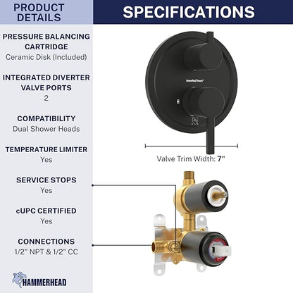 HammerHead Showers Solid Metal Two Handle Shower Valve and Trim Kit Matte Black, Diverts Water, Controls Volume and Temperature, Rough-In Shower Trim Kit with Valve and Pressure Balance Shower Valve