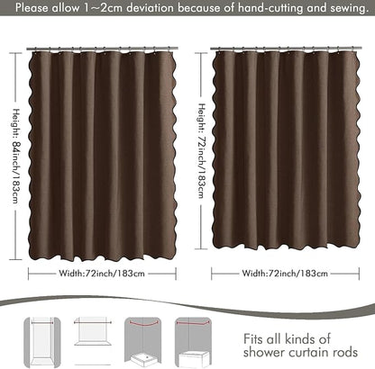 MIULEE Brown Scalloped Linen Shower Curtain 72x72 Inches | Linen Textured, Waterproof, Washable, 12 Metal Hooks, Heavy Duty Cloth, Black Border, Shower Curtain for Bathroom Bathtub