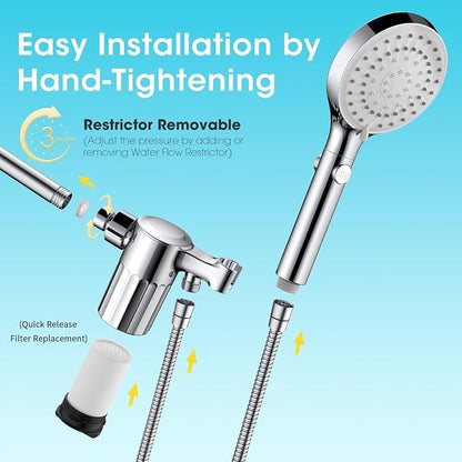 FASDUNT High Pressure Filtered Handheld Shower Head with Hose, Chrome | 80" Long Stainless Steel Hose, ON/OFF Switch for Pets Bath, Filter Beads for Hard Water, Remove Chlorine & Reduce Dry Skin