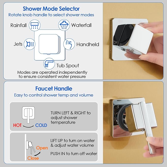 ROVOGO Gold Shower Panel Tower System with Led Lights, Rainfall Waterfall Shower Head, Body Massage Jets, Handheld and Tub Spout, Stainless Steel Shower Column with Mixer Valve, 46.5"