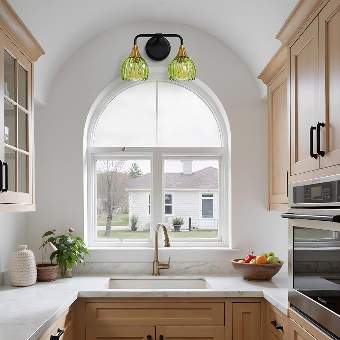 Bathroom Vanity Light Fixtures: 2-Lights Vintage Bathroom Lights Over Mirror with Ribbed Green Tulip Glass Shade - 14 inch Black and Gold Wall Sconce Bath Lighting