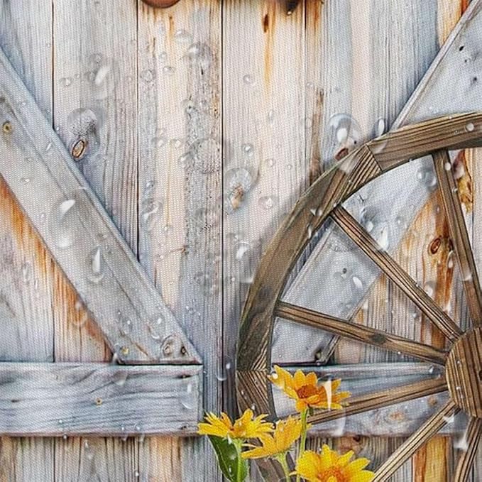 Retro Barn Door Shower Curtain for Bathroom, Western Farmhouse Yellow Daisy Floral Bath Curtain Sets,Fabric Countryside Wooden Cabin Decor Curtains with Hooks 60X70IN