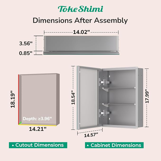TokeShimi 14 x 18 Silver Medicine Cabinet, Aluminum Mirror Medicine Cabinet Wall Mounted or Recessed with Stepless Adjustable Amply Storage