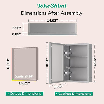 TokeShimi 14 x 18 Silver Medicine Cabinet, Aluminum Mirror Medicine Cabinet Wall Mounted or Recessed with Stepless Adjustable Amply Storage