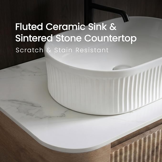 30" Preassembled Floating Bathroom Vanity with White Sink, Oak | Mid-Century Modern Style, Fluted & Soft-Close Drawer with U-shaped Wall, Sinterted Stone Countertop, Towel Rack Included