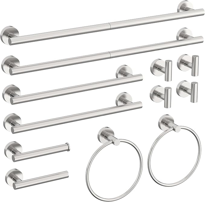 12 Pcs Brushed Nickel Bathroom Hardware Accessories Set | SUS304 Stainless Steel Bath Towel Bar Set, Toilet Paper Holders, Towel Rings Racks, Robe Towel Hooks by HOMEMYSTIQUE