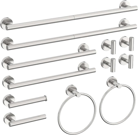 12 Pcs Brushed Nickel Bathroom Hardware Accessories Set | SUS304 Stainless Steel Bath Towel Bar Set, Toilet Paper Holders, Towel Rings Racks, Robe Towel Hooks by HOMEMYSTIQUE