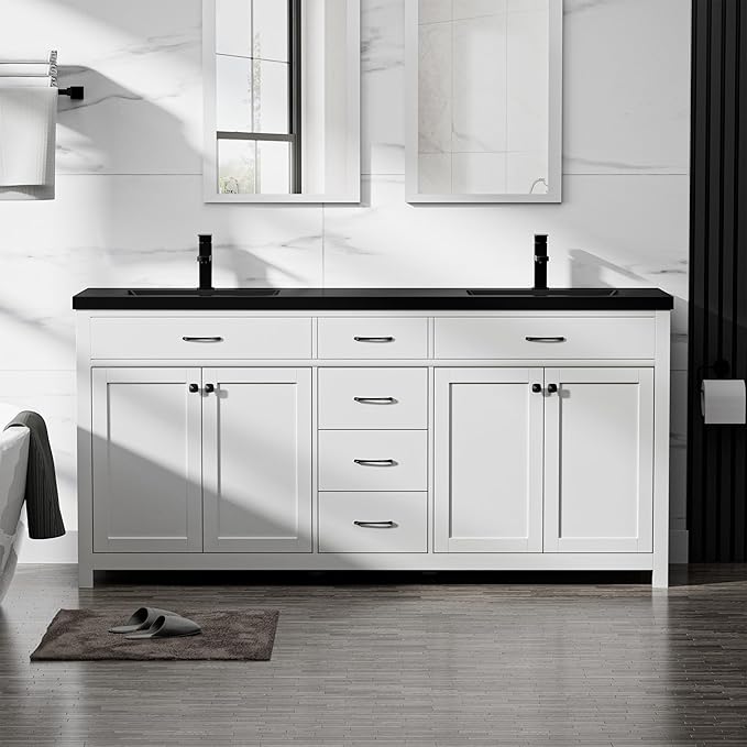 LUCKWIND 72" Bathroom Vanity and Sink Combo, Painted Modern Bathroom Storage Cabinet with Double Large Black Sink, Four Doors and Three Drawers, Include Faucet, Without Mirror, White