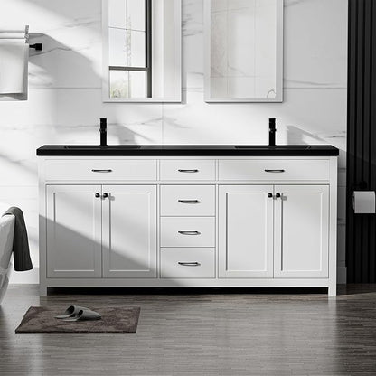 LUCKWIND 72" Bathroom Vanity and Sink Combo, Painted Modern Bathroom Storage Cabinet with Double Large Black Sink, Four Doors and Three Drawers, Include Faucet, Without Mirror, White