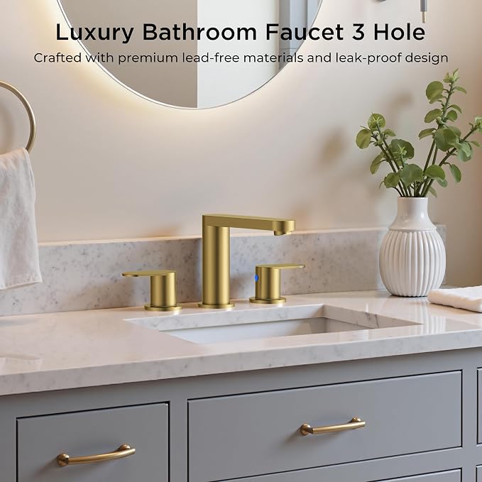 QFN Bathroom Faucet 3 Hole 8" Widespread Vanity Sink Faucet Brushed Gold | 304 Stainless Steel Bathroom Sink Faucet with Pop-up Drain, 6-12 Inch 3 Hole Install, for RV Laundry Farmhouse Restroom Sink