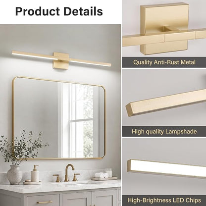 Gold Bathroom Vanity Light, 24 Inch LED Light Bar Over Mirror | Modern Bathroom Light Fixture Over Mirror for Vanity, 360° Rotatable Dimmable LED Wall Mounted Lighting, ETL Certified