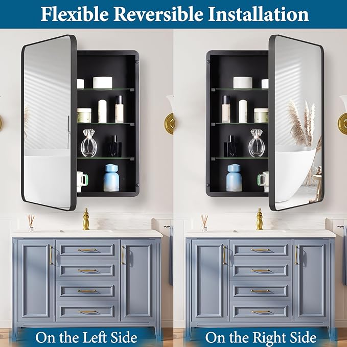 16’’x26’’ Medicine Cabinet,Metal Framed Medicine Cabinet Mirror with Round Corner,Recessed and Surface Mount Bathroom Mirror with Storage, Removeable Shelves,Dark Gray Frame