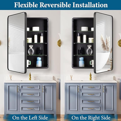16’’x26’’ Medicine Cabinet,Metal Framed Medicine Cabinet Mirror with Round Corner,Recessed and Surface Mount Bathroom Mirror with Storage, Removeable Shelves,Dark Gray Frame