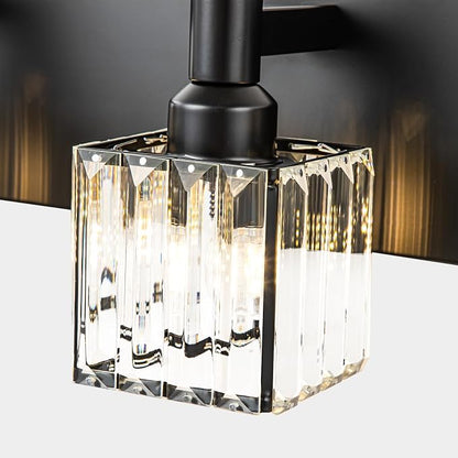 Black Crystal Bathroom Vanity Light 4-Light Modern Bathroom Lighting Fixtures Over Mirror Black Wall Sconce with Square Shade