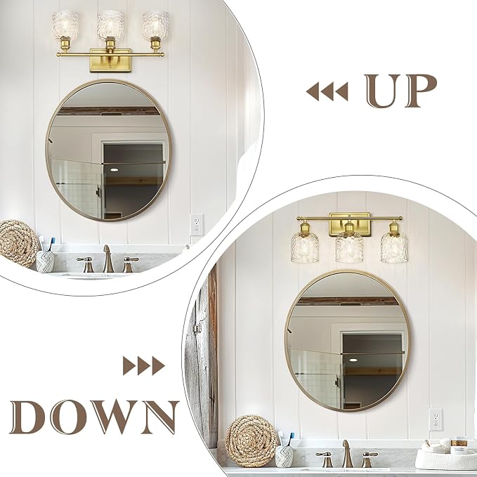 zeyu 21 Inch Bathroom Wall Sconce, 3 Light Sconces Wall Lighting Over Mirror, Brushed Gold Finish with Clear Hammered Glass, ZJF63B-3W BG