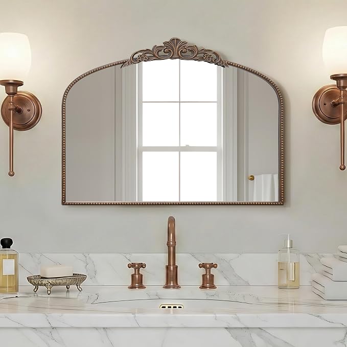 Micasso Vintage Bronze Arched Mirror: 32"x24" Baroque Antique Vanity Mirror | Traditional Ornate French Decorative Wall Mirror for Bedroom/Bathroom/Entryway/Hallway/Dresser/Mantel/Nightstand/Over Sink
