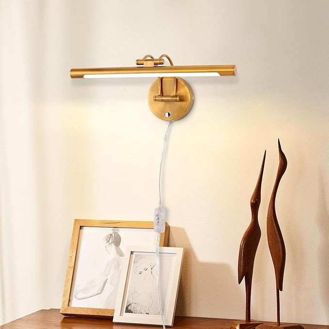 MantoLite LED Dimmable Bathroom Vanity Light Fixture 16inch Cabinet Picture Wall Lights, Indoor Lightings Wall Sconce with Ajustable Arm Bedside Reading Lamp, Pulg in Display Lamps (Brass, 3000K 8W)