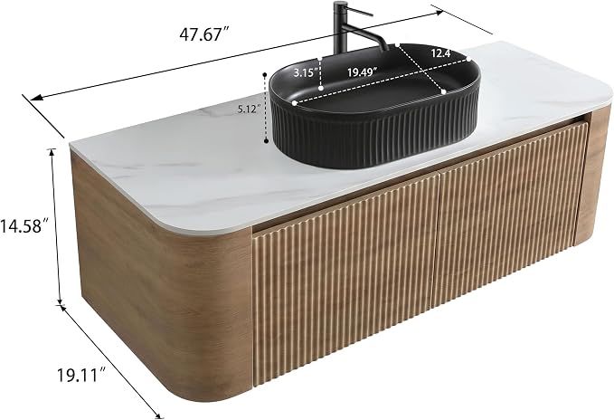 48" Preassembled Floating Bathroom Vanity with Black Sink, Oak | Mid-Century Modern Style, Fluted & Soft-Close Drawer with U-shaped Wall, Sinterted Stone Countertop, Towel Rack Included
