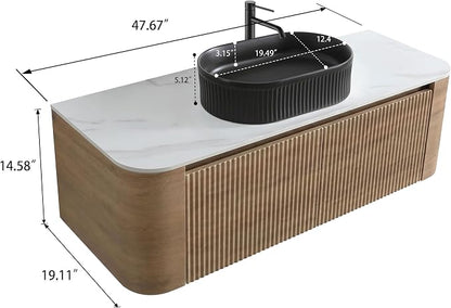 48" Preassembled Floating Bathroom Vanity with Black Sink, Oak | Mid-Century Modern Style, Fluted & Soft-Close Drawer with U-shaped Wall, Sinterted Stone Countertop, Towel Rack Included