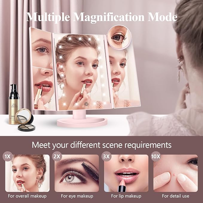 HUONUL 2X/3X/10X Magnifying Vanity Mirror with Light, Trifold Makeup Mirror | Touch Dimming, Dual Power, Clear View for Makeup, Skincare. Dorm Room Essentials. Birthday Gifts for Women, Mom, Wife, Girls